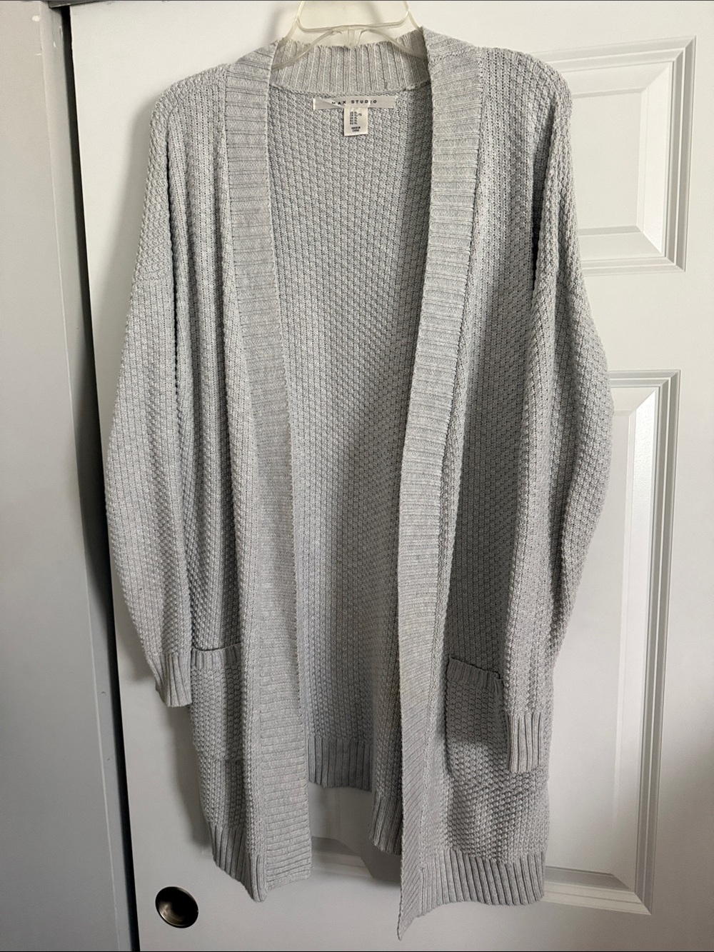 Max Studio Light Gray Open-Front Waffle Knit Cardigan